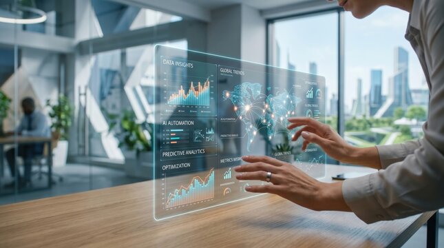 Close up of hands interacting with futuristic holographic interface displaying AI automation, predictive analytics and global trends data insights on wooden desk in modern