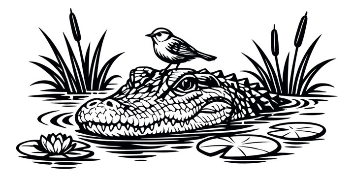 Hand drawn line art illustration of an alligator depicting a small bird perched on its head in a swamp for wildlife themes