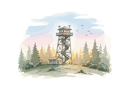 Vintage fire lookout tower stands tall amidst a serene forest landscape at dawn