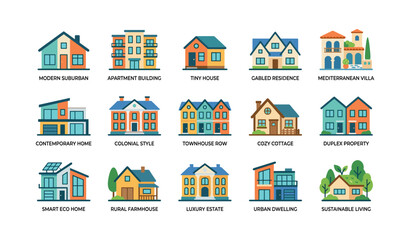 Fototapeta premium Various residential house icons displayed in rows on white background