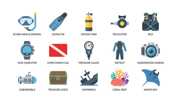 Scuba diving equipment icons arranged in grid on white background