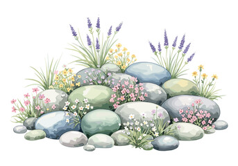 Obraz premium Watercolor illustration of a rock garden with lavender and small wildflowers