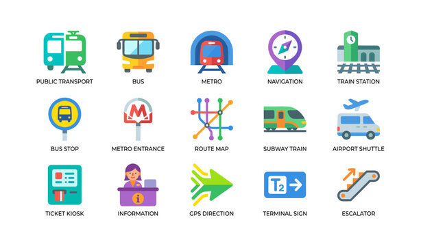 Public transport icons showing buses trains and airport signs on white