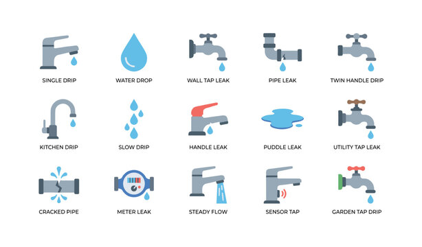 Plumbing leak icons showing taps pipes and water drops on white