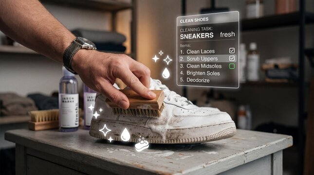 Person scrubbing white leather sneakers with brush and cleaning solution featuring digital augmented reality task list display for professional footwear maintenance