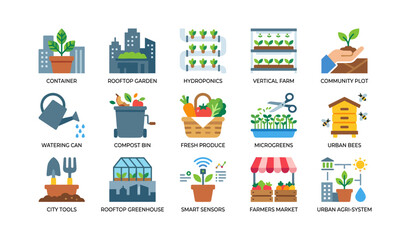 Fototapeta premium Urban agriculture icons illustrating gardening methods and tools