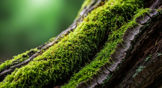 Vibrant Green Moss Growing on Tree Bark