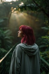 Naklejka premium Young woman gazing upward on forest walkway at sunrise