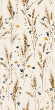 A light botanical pattern combining grains and delicate blossoms in muted tones, perfect for packaging, textiles, and soft visual identities
