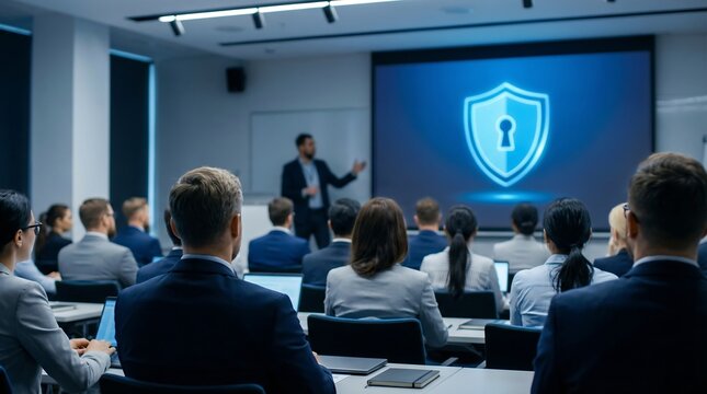 conference room with business people listening to presentation on security high quality professional detailed modern elegant stylish clean crisp vibrant colorful digital creative innovative