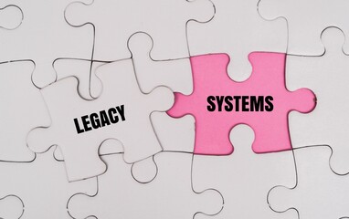 Fototapeta premium LEGACY, SYSTEM word alphabet letters on puzzle. Symbolizing the challenge of integrating, updating, or replacing outdated technology within a modern corporate infrastructure