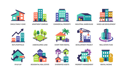 Fototapeta premium Real estate icons of property types and investments on white background