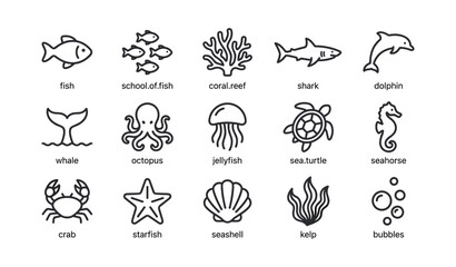Fototapeta premium Marine life line icons arranged in labeled grid on white background
