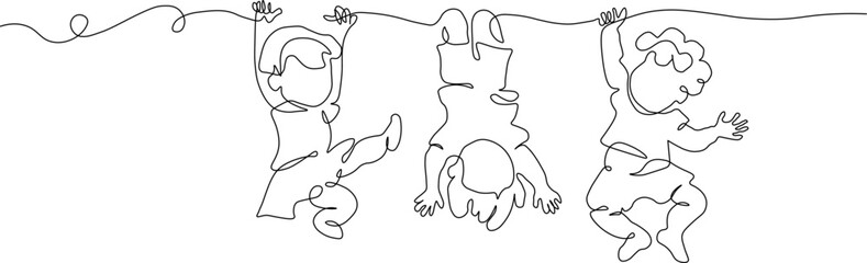 Naklejka premium A playful line drawing of three children swinging on a rope with joyful expressions