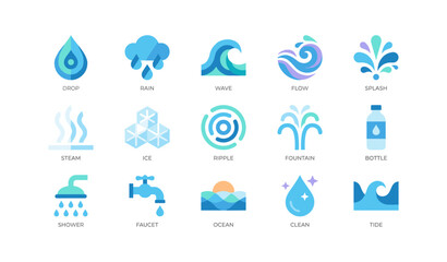 Fototapeta premium Water themed icons illustrating drops waves and hydration symbols