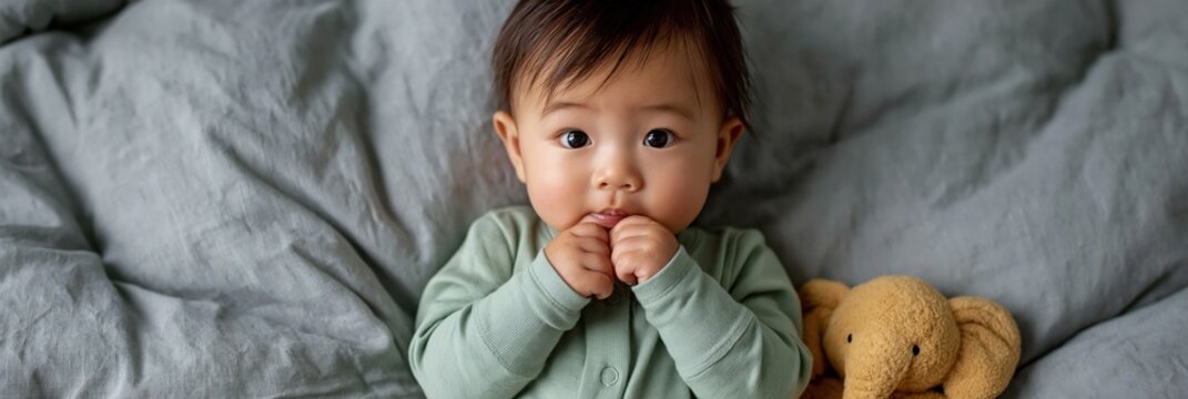 Infant sitting with plush bear on rumpled gray bedding