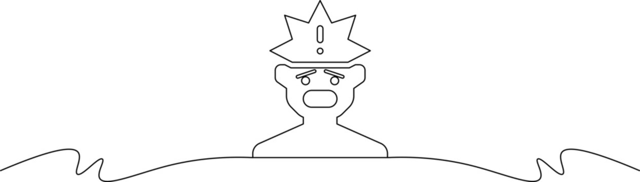 A simple line drawing of a stressed man wearing a crown with an exclamation mark