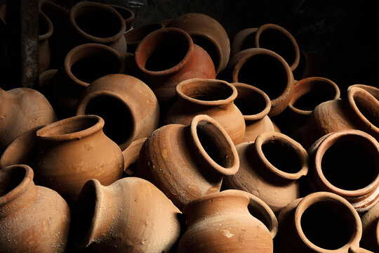 Artistic beautiful clay lamp made by potter, Handwork craft. Beautiful handmade eco friendly earthenware Indian Pottery is the art of handicrafts in Rajasthan India