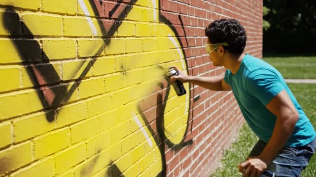 Young man spraying colorful graffiti on urban brick wall