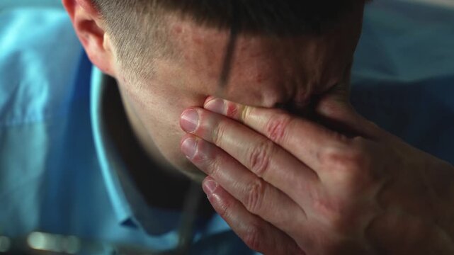 Tired businessman in dark office rubbing eyes after long work at computer. Eye strain and fatigue caused by overtime and prolonged screen exposure.
