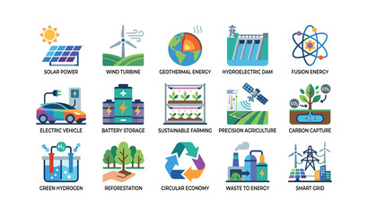 Fototapeta premium Renewable energy and sustainability icons arranged on white grid