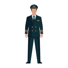 Obraz premium Pilot dressed in a standard dark navy aviation uniform stands in a neutral pose wearing a peaked cap with gold accents to represent professional air travel services and airline industry personnel.