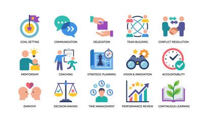 Fototapeta premium Leadership and management icons arranged on white background