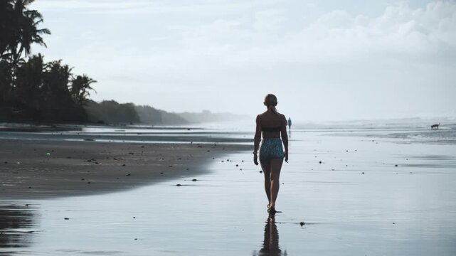 Woman Walking Along Tropical Beach Shoreline Through Gentle Waves
