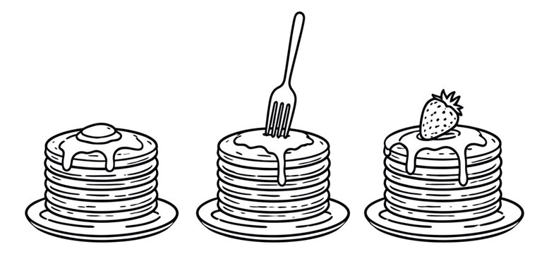 Hand drawn line art pancakes set featuring stacks with syrup, a fork, a strawberry, and a pat of butter for breakfast menus