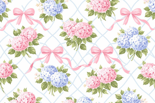 Grandmillennial Seamless Pattern with Pink and Blue Hydrangea Bouquets, Elegant Pink Bows and Ribbons on a Light Blue Trellis Background, Preppy Cottagecore Floral Design for Fabric and Wallpaper