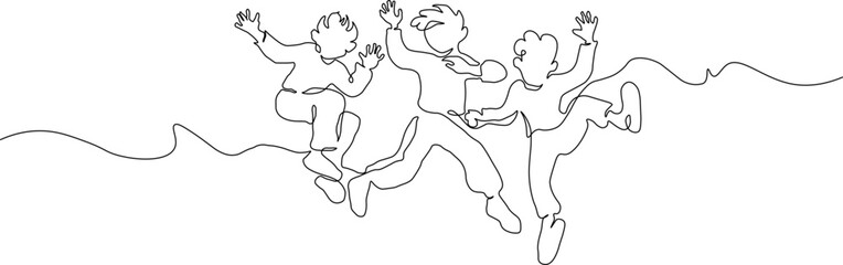 A minimalist line drawing of three children jumping and playing with a skipping rope in a carefree scene © Safdarali