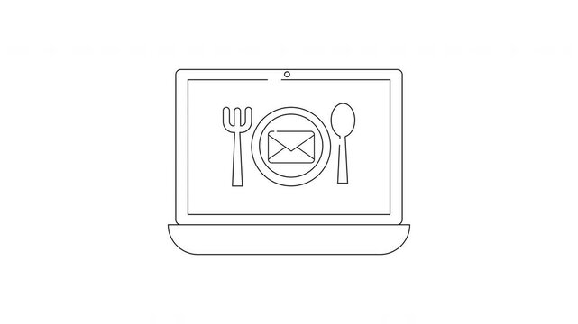 Laptop displaying email icon on plate with cutlery, online food ordering concept.