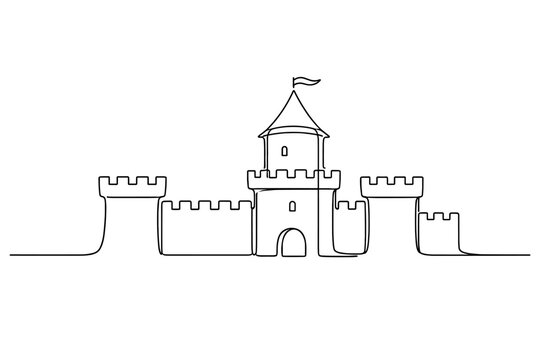 Continuous line drawing of a medieval castle fortress with fortified walls, battlements, and a central tower with a flag. Minimalist vector art of a royal palace stronghold for history and fantasy.