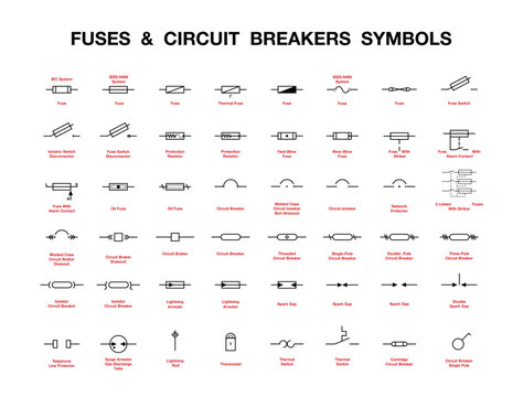 Fuses and Circuit Breakers symbols. Black design Vector Image