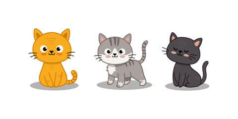 Fototapeta premium Set of funny cute cats in different poses in flat style. Cartoon kitten. Black, red, grey cat. Vector illustration