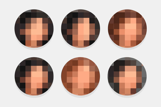 Set of Round Pixelated Face Icons with Censor Blur Effect for Privacy and Identity Protection, Circular Mosaic Texture for Hiding Faces in Digital Media, Security and Anonymity Vector Illustration