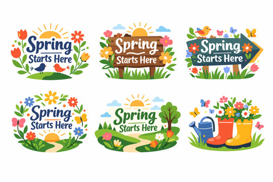 Set of six colorful spring lettering badges with "Spring Starts Here" text, featuring vibrant flowers, birds, butterflies, garden boots, watering can, and sun icons for seasonal greeting designs.