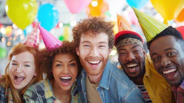Birthday Bash Smiles: A vibrant group of friends, adorned with party hats and surrounded by colorful balloons, share infectious laughter and joyful expressions.