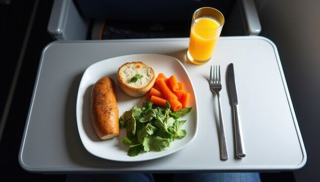 Bandeja de un avi&oacute;n con una comida sana y equilibrada, zumo de naranja y cubiertos cuidadosamente dispuestos