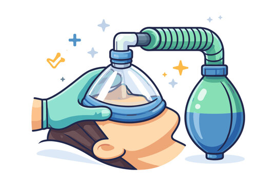 Medical illustration of a patient receiving anesthesia or oxygen through a mask and bag valve mask system, held by a gloved hand, representing sedation, surgery, and emergency healthcare.