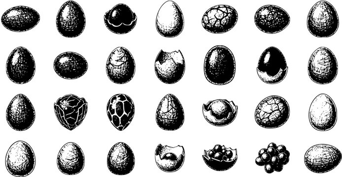 Diverse Collection of Dragon Eggs: Hand-Drawn Hatching, Cracked, and Intact Illustrations
