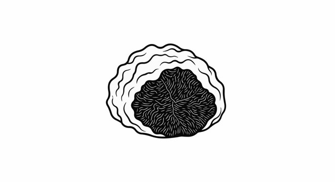 A black and white line drawing of a stylized, organic, bumpy object with a textured center