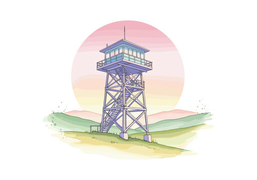 Illustration of a fire lookout tower on a hill at sunset with rolling hills in the background