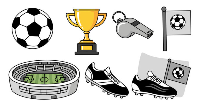A vector graphic illustration of various soccer icons and symbols on a white background