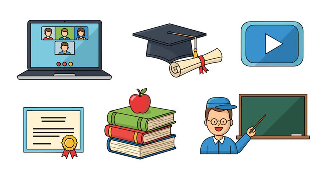 A colorful vector graphic illustration of various educational icons and symbols