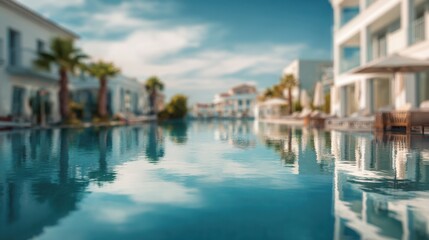 Obraz premium Blurred white architecture hotel in Greece with minimal aesthetic.