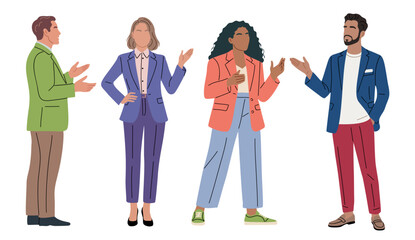 Fototapeta premium Set of diverse professionals engage in animated discussion. Their gestures suggest lively exchange of ideas. Business meeting, team collaboration, or networking concept