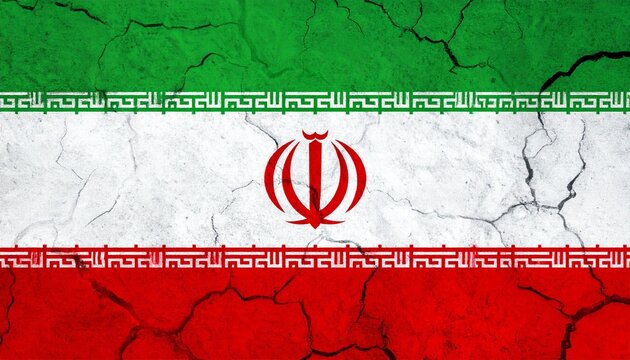 Iran national flag with green, white, red stripes, central emblem, Kufic script borders, cracked textured surface symbolizing heritage.