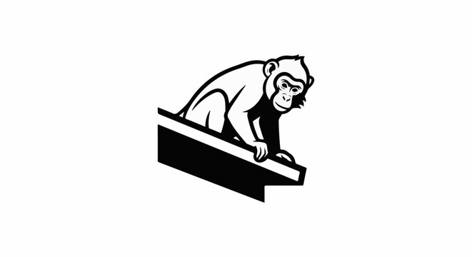 A black and white cartoon monkey sits perched on a dark angled surface