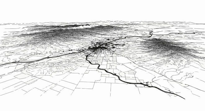3D terrain map view of city with river and mountains in background